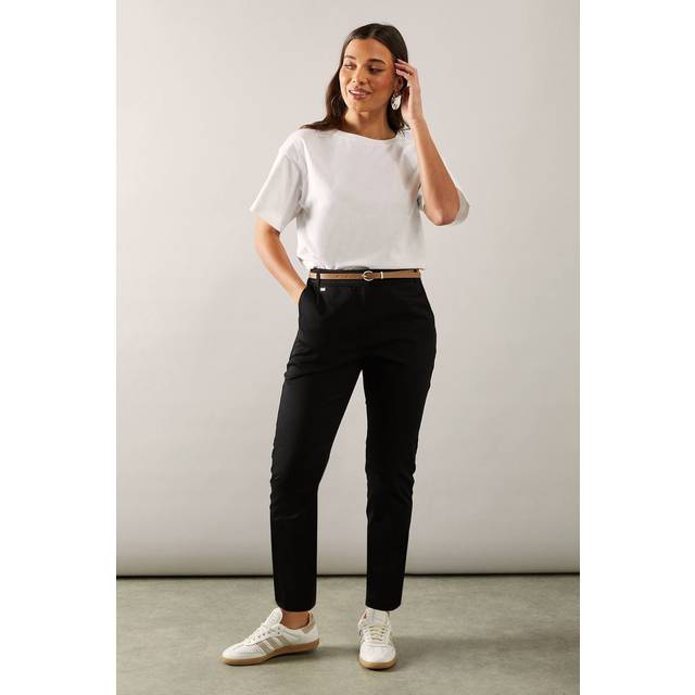 Womens Petite Stretch Cigarette Belted Trousers - Black - 12