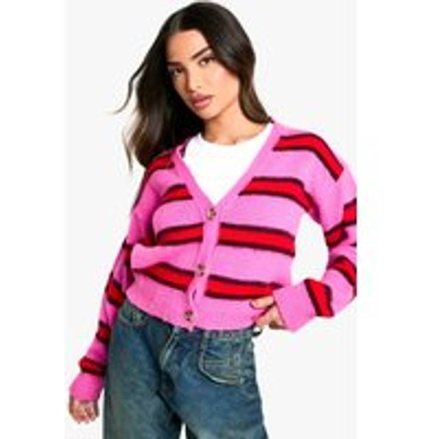 Womens Petite Stripe Knitted Cardigan - Pink - 6