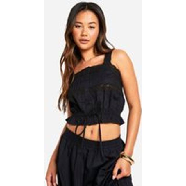 Womens Cotton Lace Detail Strappy Crop Top - Black - 14, Black
