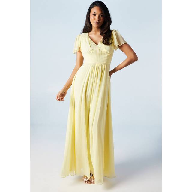 Angel Sleeve Georgette Bridesmaid Maxi Dress - Lemon - Yellow - 14
