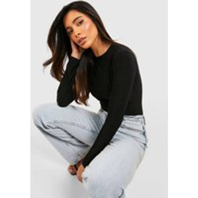 Womens Double Layer Slinky Long Sleeve Crew Neck Bodysuit - Black - 6, Black