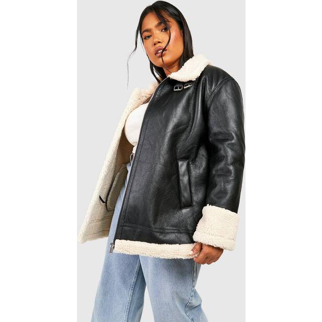 Womens Plus Faux Fur Longline Aviator Jacket - Black - 16