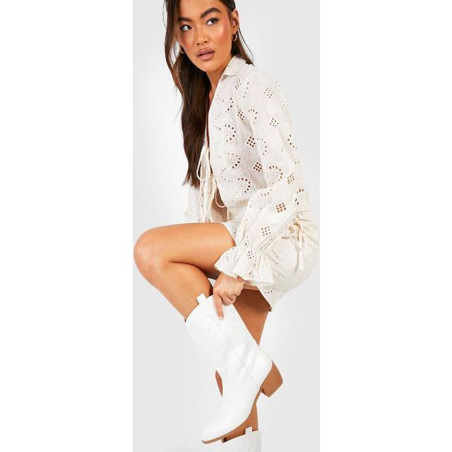 Womens Wide Fit Tab Detail Ankle Cowboy Western Boots - White - 3