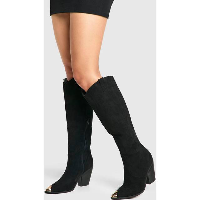 Womens Knee High Toe Cap Pull On Western Cowboy Boots - Black - 3, Black