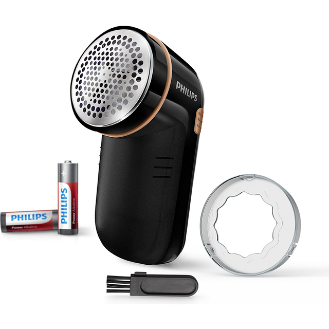 Philips Noppborttagare för Alla Kläder, Tar Bort Små Ludd, 2 Höjdinställningar, Batteridriven (2 Philips AA-batterier Ingår), 8 x 12,3 x 5,8 cm, Svart/Guld (GC026/80)