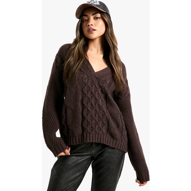 Womens Premium Cable Knitted V Neck Jumper - Brown - S, Brown