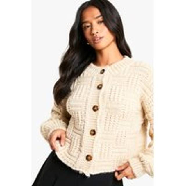 Womens Petite Chunky Basket Stitch High Neck Knitted Cardigan - Beige - L