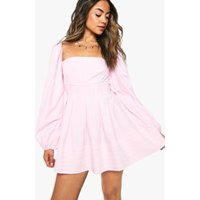 Womens Stripe Puff Sleeve Square Neck Skater Dress - Pink - 8