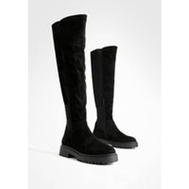 Womens Wide Fit Faux Suede Stretch Panel Over The Knee Boots - Black - 4, Black