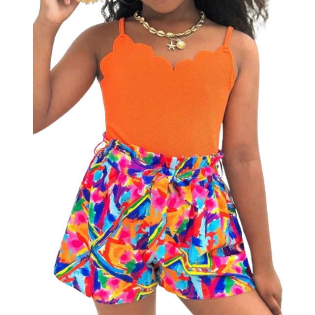 SHEIN Tween Girls Vacation & Casual Spring/Summer Knitted Spliced Woven Ditsy Floral Jumpsuit With Straps