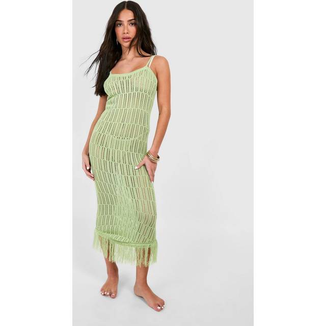 Womens Petite Crochet Frayed Hem Beach Dress - Green - L, Green