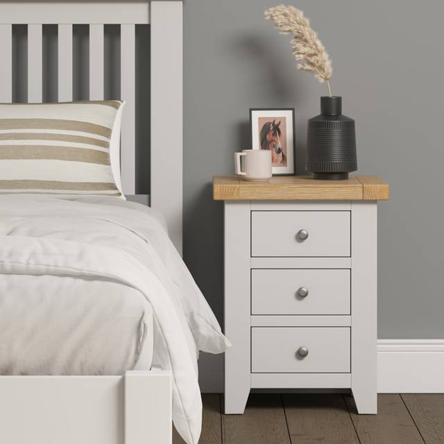 Windsor 3 Drawer Bedside Ivory with Oak Top Solid Wood Fully Assembled