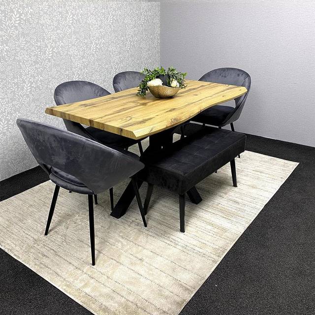 Wooden Dining Set with 4 Grey Velvet Chairs and 1 Bench (75&#34;H x 117&#34;L x 77&#34;W)