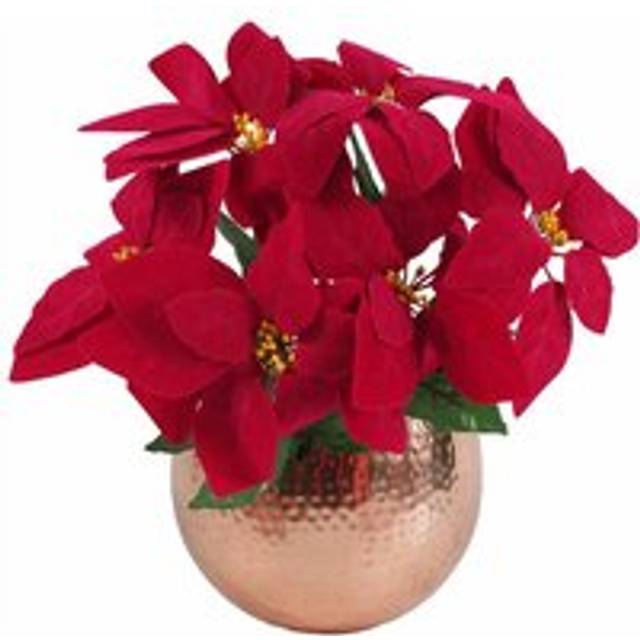 Leaf Design Artificial Christmas Xmas Red Poinsettia 40cm Copper Hammered Metal Planter