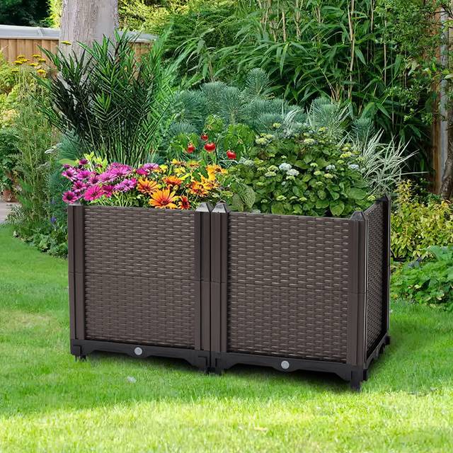 Plastic Raised Garden Bed Planter Box - Brown (35cm H x 60cm W x 30cm D)