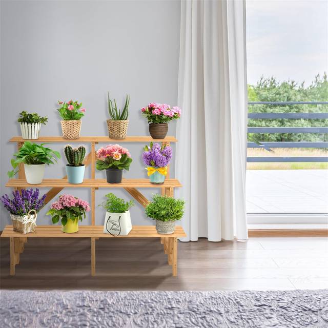 3 Tier Plant Rack, Fir Wood High And Low Planter Ladder Shelving With Slatted Tiers, Indoor Outdoor Flower Display Shelving Unit - Beige