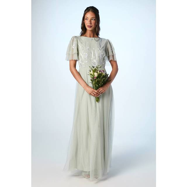 Embroidered Angel Sleeve Maxi Bridesmaids Dress - Sage - 18