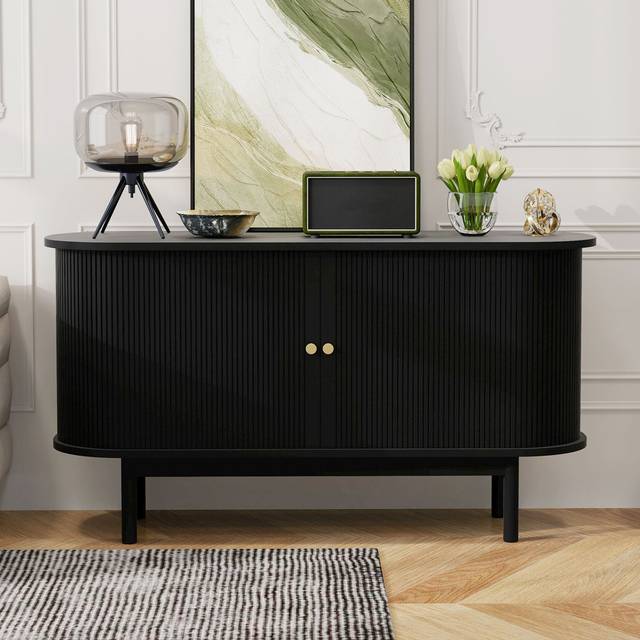 138cm Wide Sideboard Curved With 2 Sliding Doors - Black (75cm H X 138cm W X 43cm D)