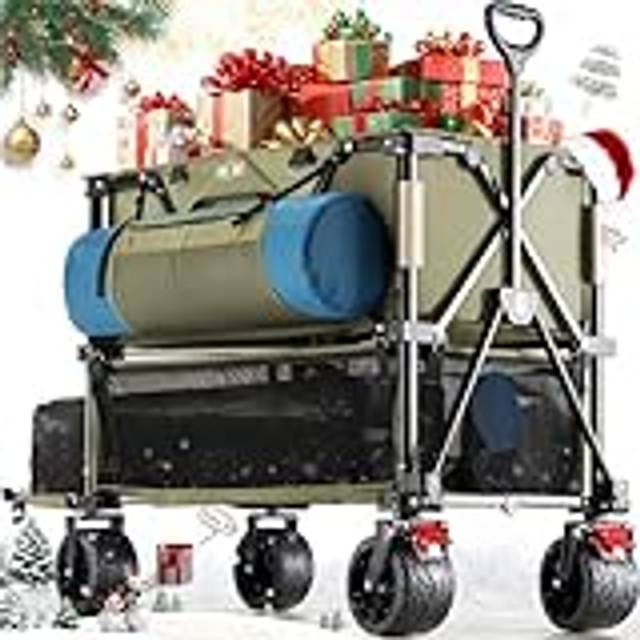 Overmont 400L Folding Double Decker Wagon - All-Terrain Detachable Big Wheels 200kg Capacity Collapsible Festival Wagon for Camping Sports Shopping