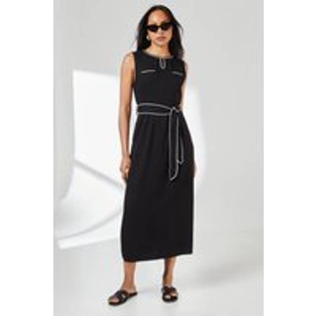 Black Contrast Detail Belted Utility Midi Dress - 12