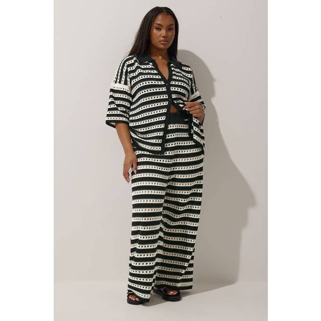 Limited Collection Curve Black & White Stripe Crochet Wide Leg Trousers, Women's Curve & Plus Size, Limited Collection - 14-16
