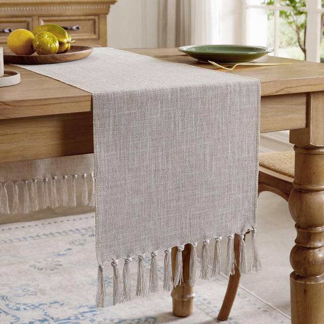 Boho Cotton Linen Table Runner with Handmade Tassels - Light Coffee