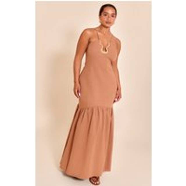 Shape Mocha Linen Gold Wave Trim Dropped Hem Maxi Dress, Brown - 6
