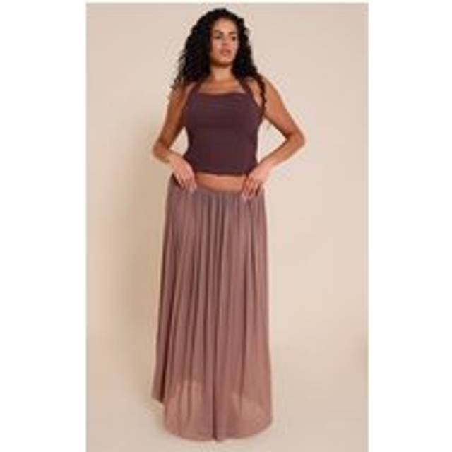 Plus Brown Mesh Drape Maxi Skirt, Brown - 22
