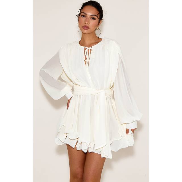 Cream Floaty Tie Detail Long Sleeve Shift Dress, White - 14