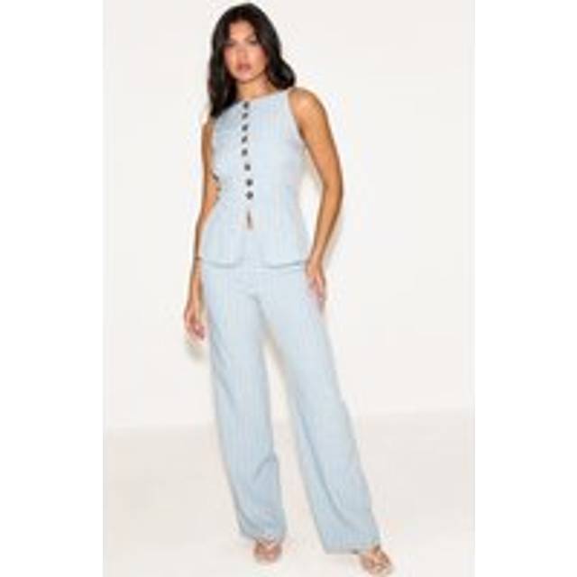 Blue Pinstripe Linen Button Down Peplum Hem Jumpsuit, Blue - 4
