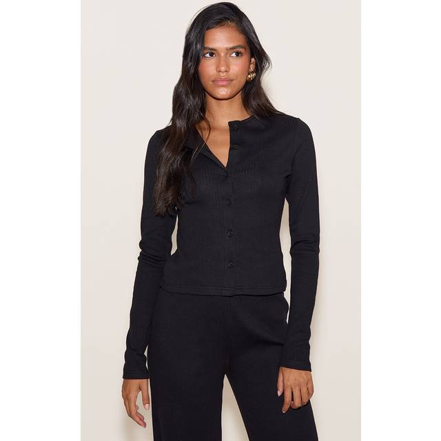 Black Button Up Ribbed Long Sleeve Cardigan, Black - 6