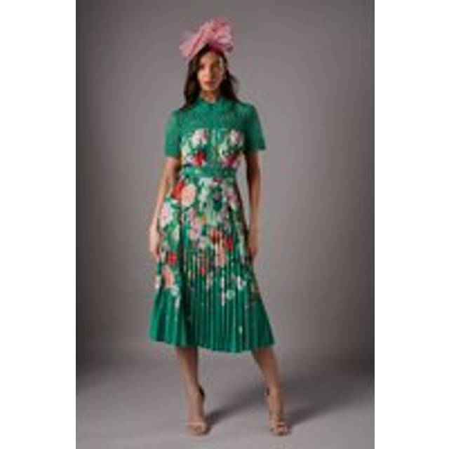 Lisa Tan Lace Pleated Printed Midi Dress - Green - 10