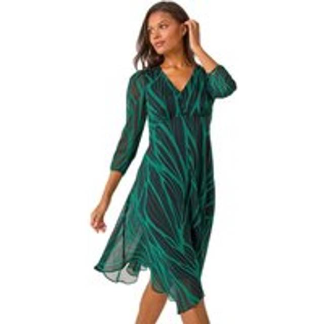 Abstract Print Wrap Hanky Hem Midi Dress - Green - 12