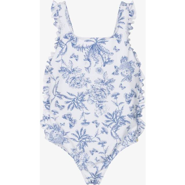 Tartine Et Chocolat Girls White & Blue Floral Ruffle Swimsuit - 4 year