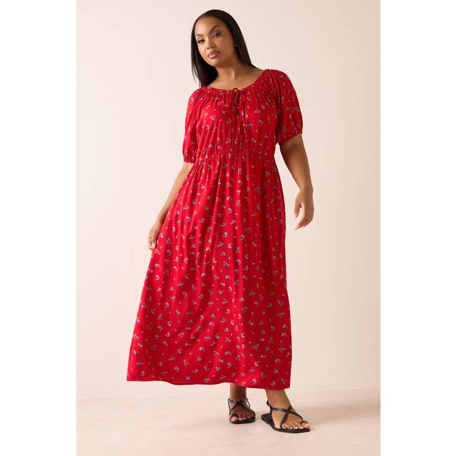 Yours Curve Red Ditsy Floral Tie Neck Maxi Dress, Women's Curve & Plus Size, Yours - 26-28