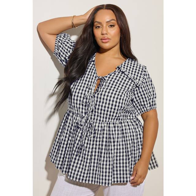 Yours Curve Navy Blue Gingham Tie Front Blouse, Women's Curve & Plus Size, Yours - 34-36