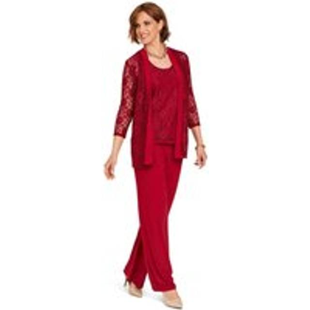 3 Piece Lace Trim Elegant Jacket Trousers Suit Set Weddings Events - Dark Red - 12