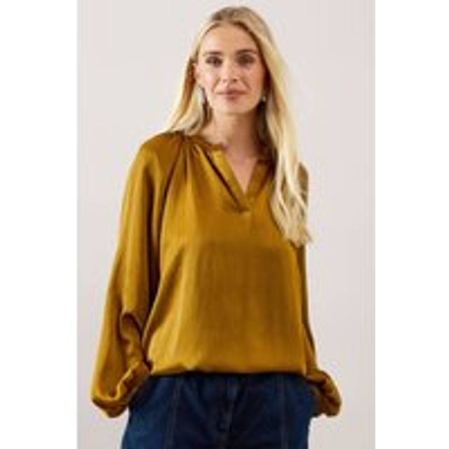 Womens Petite Crinkle Satin Balloon Sleeve Blouse - Chartreuse - 18