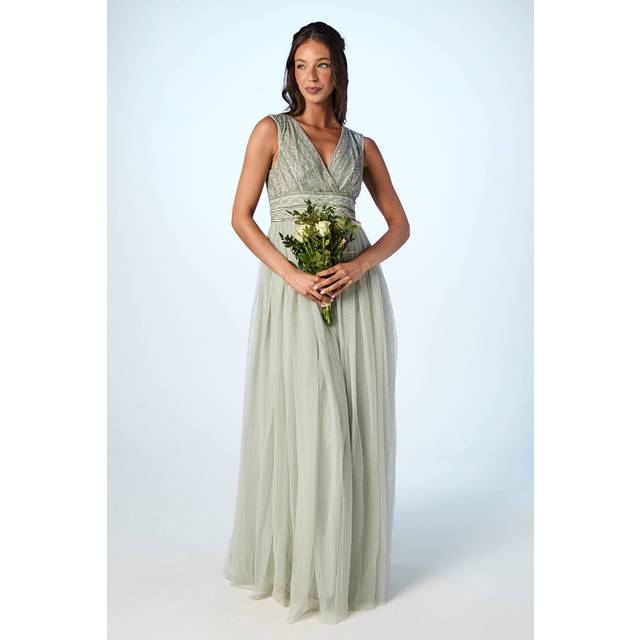 Beaded Sleeveless Maxi Bridesmaid Dress - Sage - 12