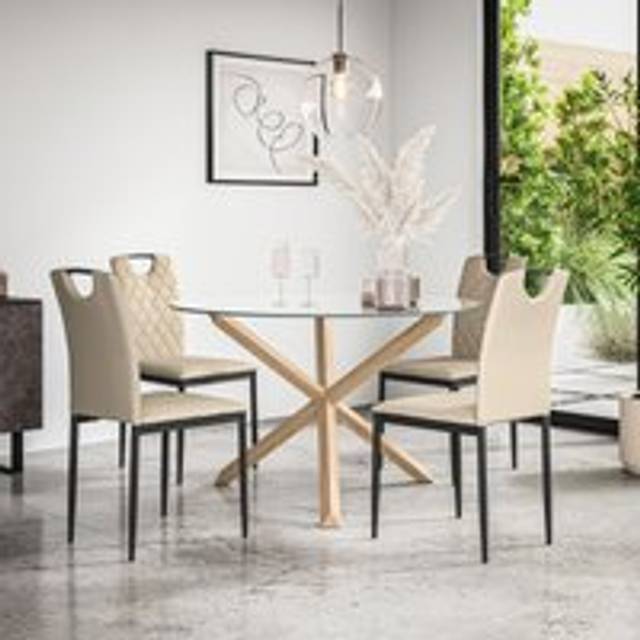 (Beige) Malvern Round Glass Dining Table Set w Oak Legs w 4-6 Monza Faux Leather Chair