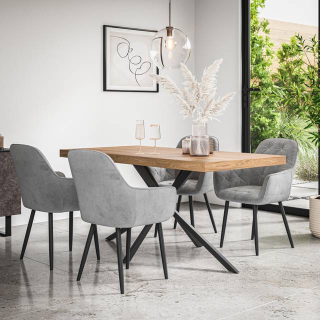 (Grey) Donni Dining Table And Chairs - Oak Effect Table Top w 4-6 Anika Velvet Chair