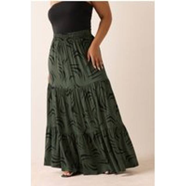 Yours Curve Khaki Green Abstract Tiered Maxi Skirt, Women's Curve & Plus Size, Yours - 26-28
