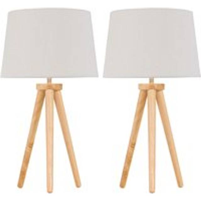 Set of 2 light oak table lamp bedside lights wood tripod natural linen shades