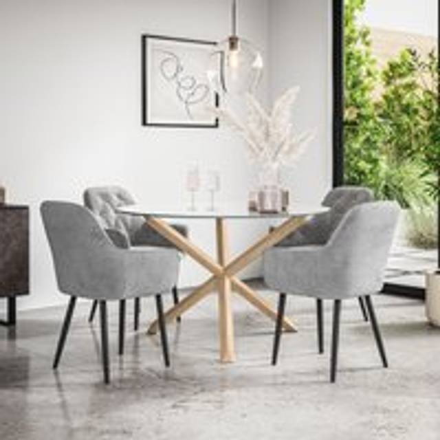 (Grey) Malvern Round Glass Dining Table Set w Oak Legs w 4 Anika Velvet Chairs