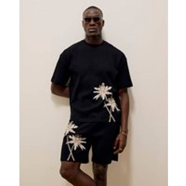 Mens River Island Black Oversized Plisse Palm Tee T-Shirt