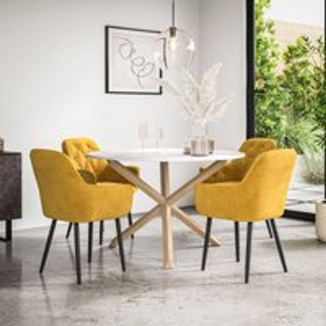 (Mustard) Malvern Round Marble Effect Dining Table Set w Oak Legs w 4 Anika Velvet Chairs