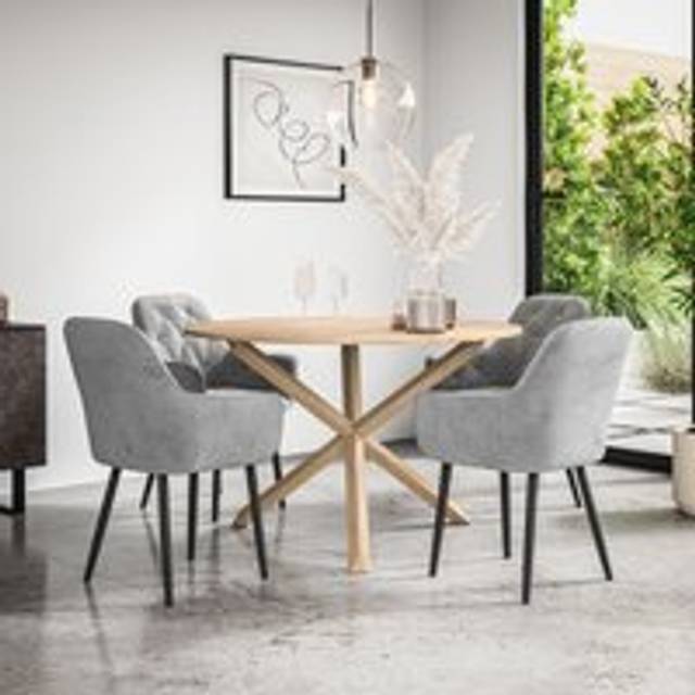 (Grey) Malvern Round Oak Effect Dining Table Set w Oak Legs w 4 Anika Velvet Chairs
