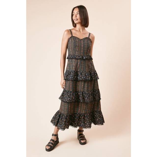 Womens Linear Floral Printed Ruffle Pom Pom Midi Dress - Black - 14