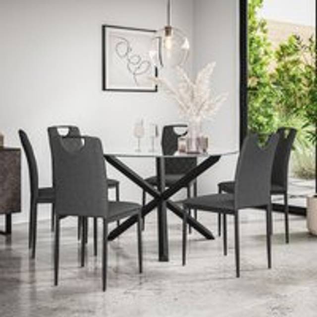 (Charcoal) Malvern Round Glass Dining Table Set w Black Oak Legs w 4-6 Monza Linen Chair