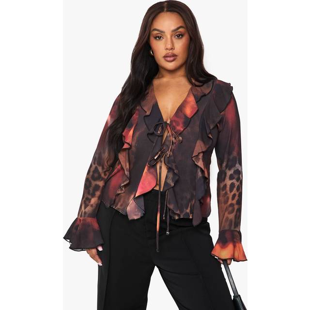 Womens Plus Mixed Leopard Tie Front Ruffle Blouse - Multi - 18, Multi